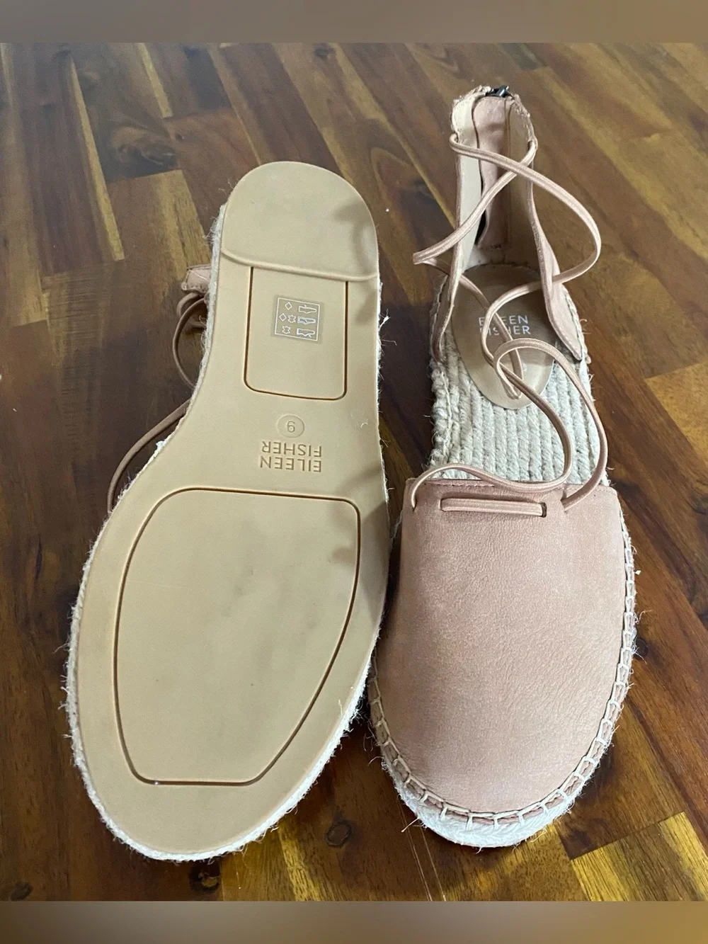 NWT Eilline Fisher Lace-Up Espadrille Flats in Blush Tan genuine leather.